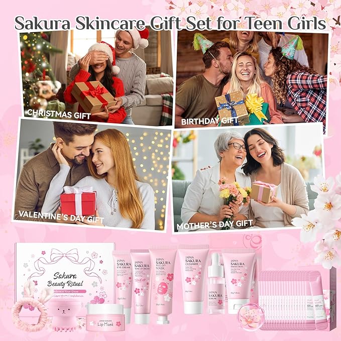 29Pcs Valentine's Day Sakura Skincare Set, Skincare for Girls 10-12, Complete Skincare Routine for Clean, Soft and Hydrated Skin, Ideal Gift for Teen Girls