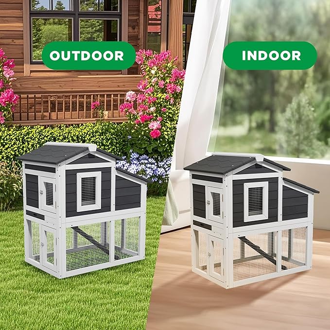 Premium Chicken Coop Bunny Cage for Outdoor Indoor with 2 Nesting Box, 2-Story Wooden Rabbit Hutch with Deep Pull-Out Tray, Waterproof Chicken Coop for Outside (White Grey)
