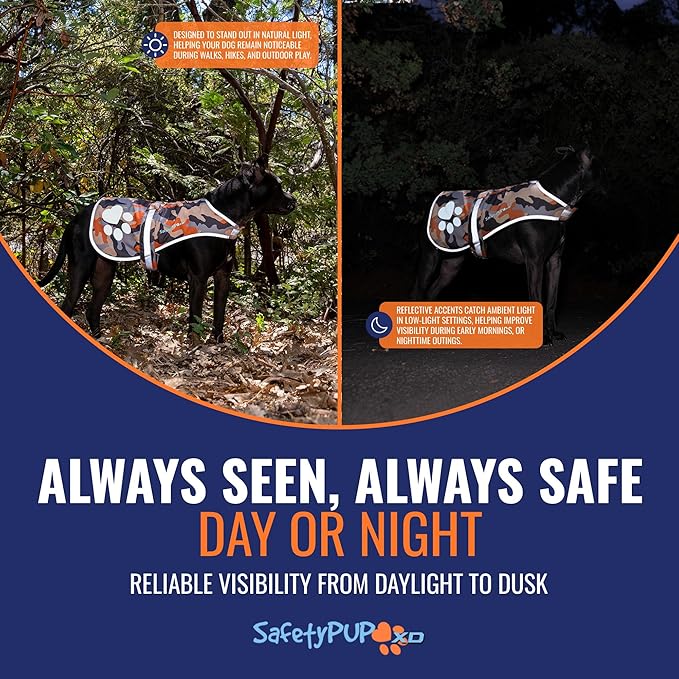 SafetyPUP XD Dog Reflective Vest – Hi-Vis Fluorescent Visibility That Helps to Safeguard Your Pet On/Off Leash in Urban & Rural Areas (Camo, Small)