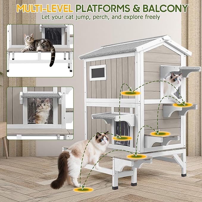 PetsCosset Outdoor Cat House Weatherproof with Balcony Outside Wooden Feral Cat Shelter with 3 Jumping Platforms and Openable Asphalt Roof for Cats and Small Animals