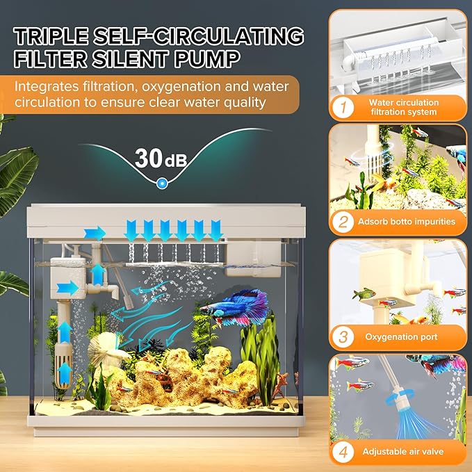 Fish Tank 2.4 Gallon Aquarium Kit with Humidifier 7-Color Auto-Looping 3 in 1 Quiet Pump with Filteration & Oxygenation & Circulation, Temperature Display, HD Glass
