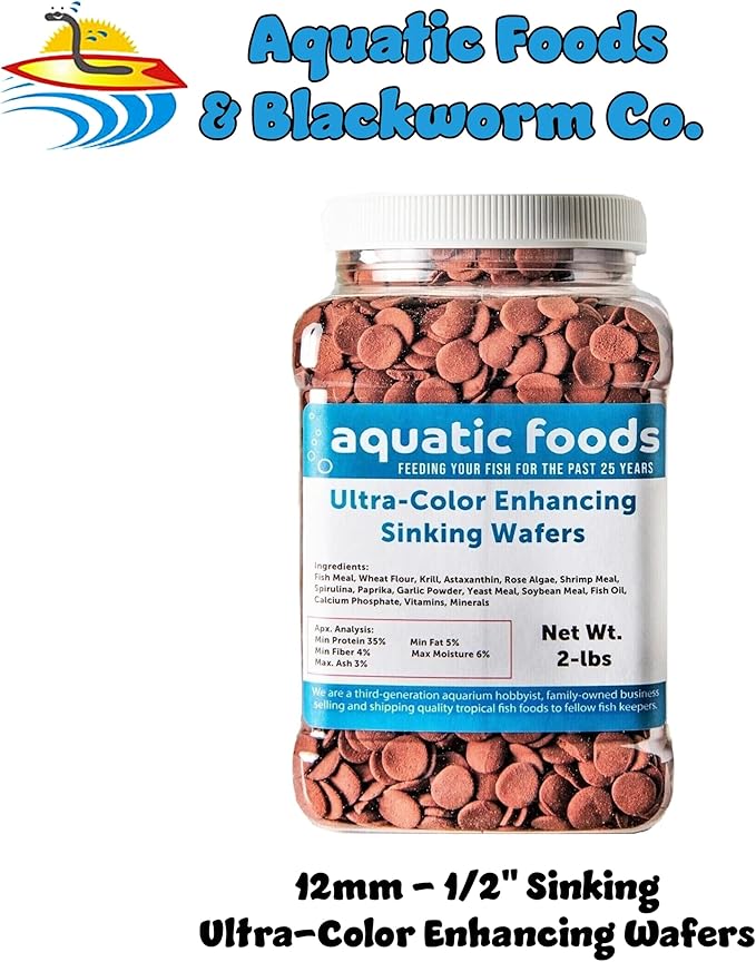 Aquatic Foods Inc. Ultra-Color Enhancing 12mm - 1/2" Small Sinking Wafers for Bottom Fish, Shrimp, Snails, Crabs, Crayfish, All Tropical Fish...2-lb Med Jar