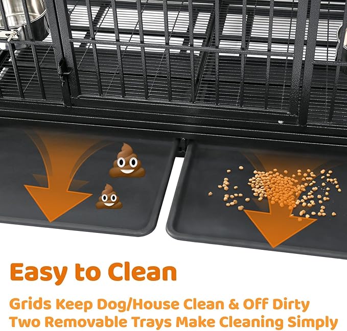 Homey Pet 48 Inch Heavy Duty Indestructible Dog Crate, Stackable Escape Proof Dog Cage Kennel Indoor with Two Trays, Metal Grids, Wheels, Bowls, Double Doors for High Anxiety Large Dogs(2 Tiers)