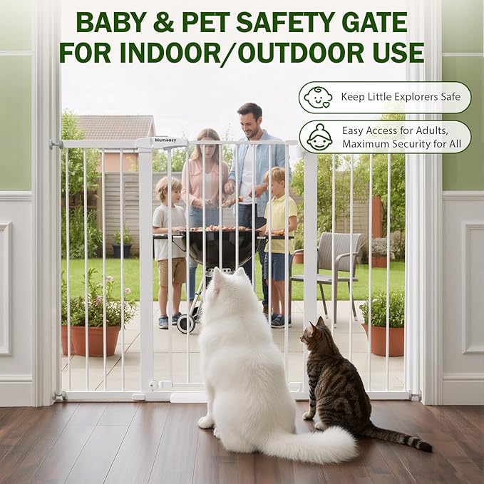 Mumeasy 36" Extra Tall Baby Gate for Doorways, 29.7"-57" Extra Wide Dog Gate for Stairs, Pressure Mounted Auto Close Pet Safety Gate with Easy Walk Thru Door, Large Indoor Child Gate for House, White