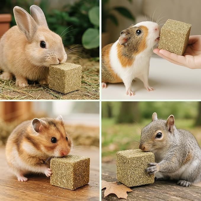 Abizoo Natural Rabbits Chew Toys Timothy Hay & Pine Wood Blocks for Guinea Pigs, Hamsters Small Animal Dental Care Digestion & Molar Health Vitamin Enriched Chewing Treats
