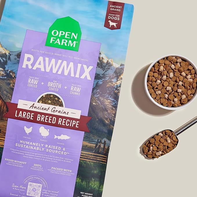 Open Farm, RawMix Dry Dog Food with Ancient Grains for Large Breeds, Protein-Packed Kibble Coated in Bone Broth with Freeze Dried Raw Chunks, Salmon Chicken & Turkey, Large Breed Recipe, 20lb Bag