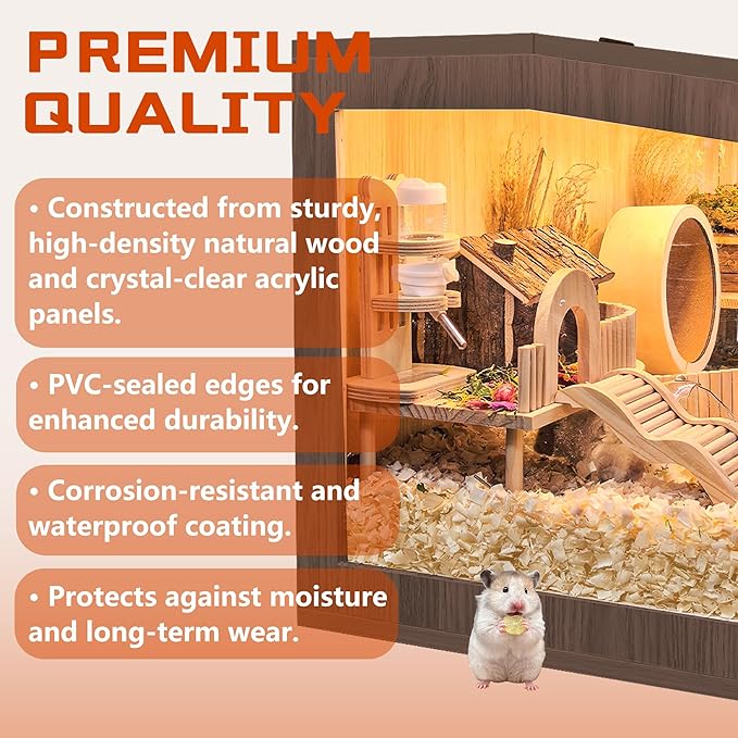 PROLEE Hamster Cage with Chewproof Wood Top,Guinea Pig Cages, Hamster Habitat with Clear Acrylic Sheets Solid Built, Small Animal Cage (Walnut, 48X20X20 inch)