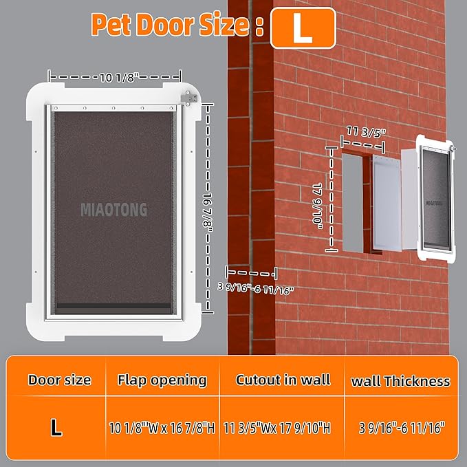 MIAOTONG 3-Flap Dog Door for Wall, Energy-Efficient Insulated Pet Door for Wall, Aluminum Lock Doggy Door for Wall,Steel Frame and Telescoping Tunnel Dog Doors(Pets Up to 100 Lb) -Large