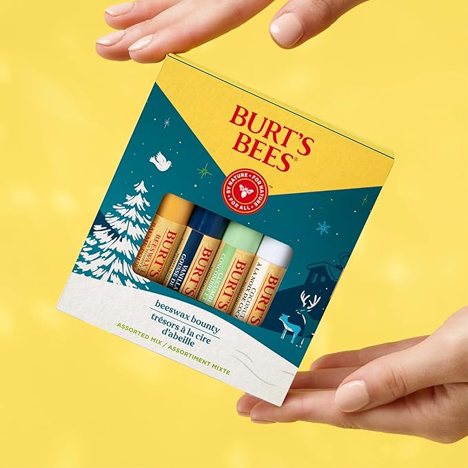 Burt's Bees Christmas Gifts, 4 Lip Balm Stocking Stuffers Products, Assorted Mix Set - Classic Beeswax, Vanilla, Cucumber Mint & Coconut and Pear (Pack of 4)