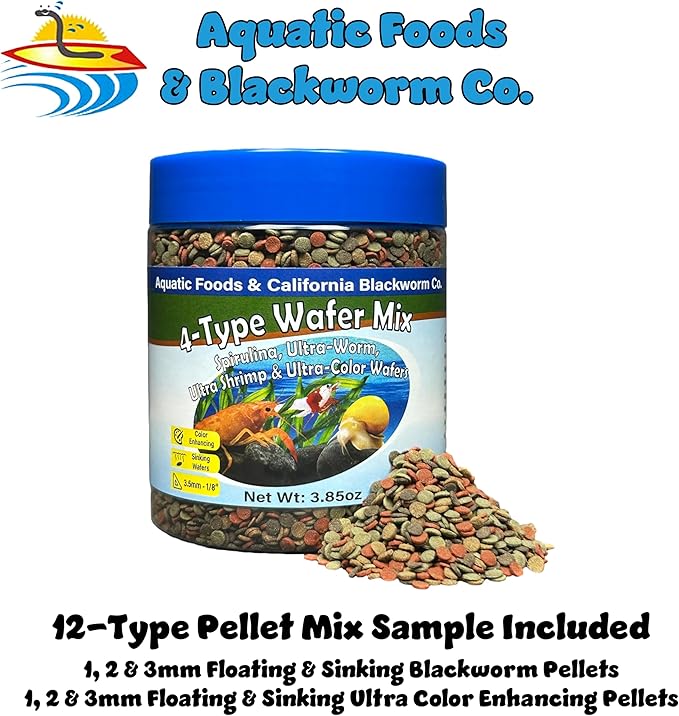 Aquatic Foods Inc. 4-Type 3.5mm - 1/8" Sinking Wafer Mix of Spirulina-Algae, Ultra-Worm, Ultra-Shrimp, Color Enhancing Wafers for Shrimp, Snails, Crayfish, All Tropical Fish, 3.5mm..5oz Canister