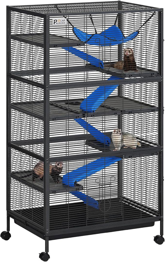 Polar Aurora Metal Small Animal Cage, 59" H Ferret Cage with Lockable Wheels, Deluxe Chinchilla Cages with Hammock and Removable Tray, 6 Tiers Critter Nation Cages for Pets (XL)