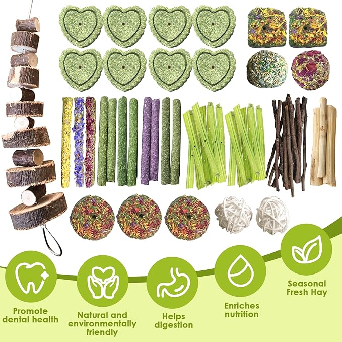 70Pcs Bunny Chew Toys with Applewood Hanging Strings, Bunny Treats for Rabbits Bunny Toys for Teeth, Papaya Stem, Timothy Stick, Apple Sticks, Sweet Bamboo, for Guinea Pig, Hamster, Chinchilla, Rat