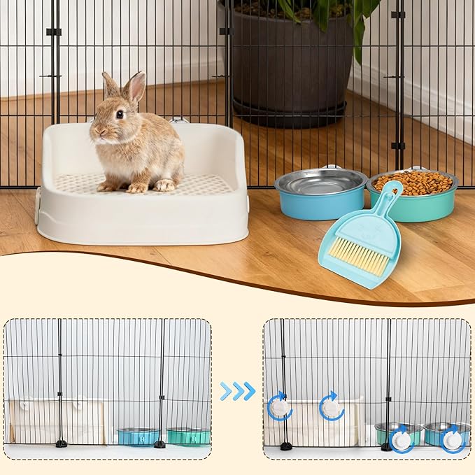 Tinnmao Rabbit Starter Kit, 20 Panels Small Animal Playpen with Top Cover, Waterproof Base Mat + 2 Washable Pee Pads + Litter Box, Indoor C&C cage for Guinea Pigs Bunny Accessories (Black Metal Frame)