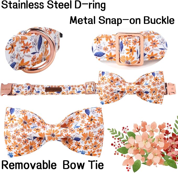 Unique Style Paws Autumn Leaf Collar with Bow Blue Leaf Flower Cotton Dog Collars for Small Medium Large Dogs