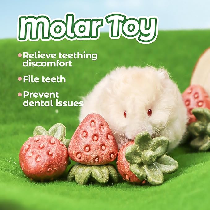 TEEWY Guinea Pig Toys, 4PCS Strawberry Shaped Hamster Toy, Natural Guinea Pig Chew Toys for Teeth Grinding, Hamster Enrichment Toy for Gerbil, Chinchilla, Rat and Small Animal