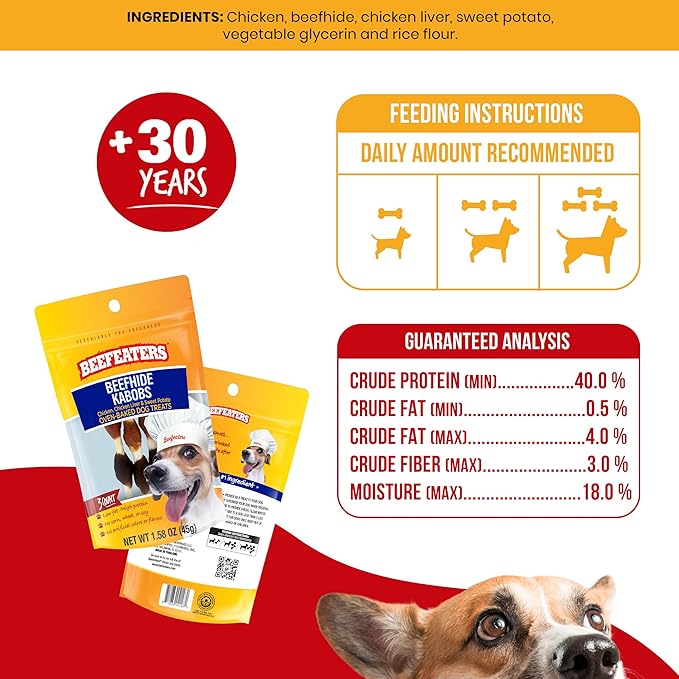 Beefeaters Beefhide Kabobs – Dog Treat. Triple Flavor with Real Chicken, Liver & Sweet Potato, Long-Lasting Chew, Supports Dental Health, Ideal for Training