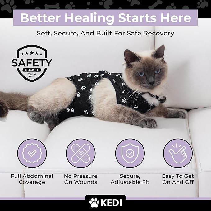 Cat Surgery Recovery Suit Female Cat Onesie for Cats After Surgery Spay Surgical Abdominal Wound Skin Diseases E-Collar Alternative Wear (Black, Medium)