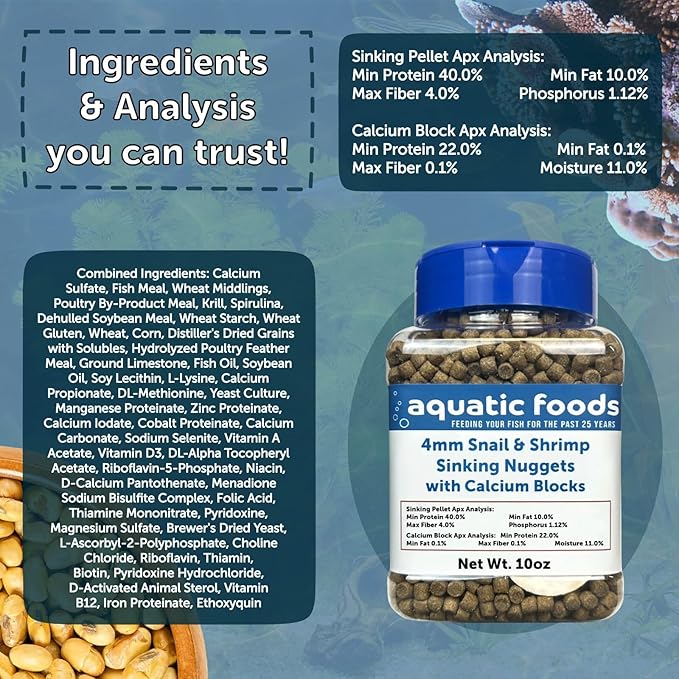 Aquatic Foods Inc. Snail & Shrimp, 4mm-3/16 Sinking 40% Protein Nuggets with Calcium Feeders for Snails, Shrimp, Crabs, All Bottom Tropical Fish...4-lbs 12oz Jar