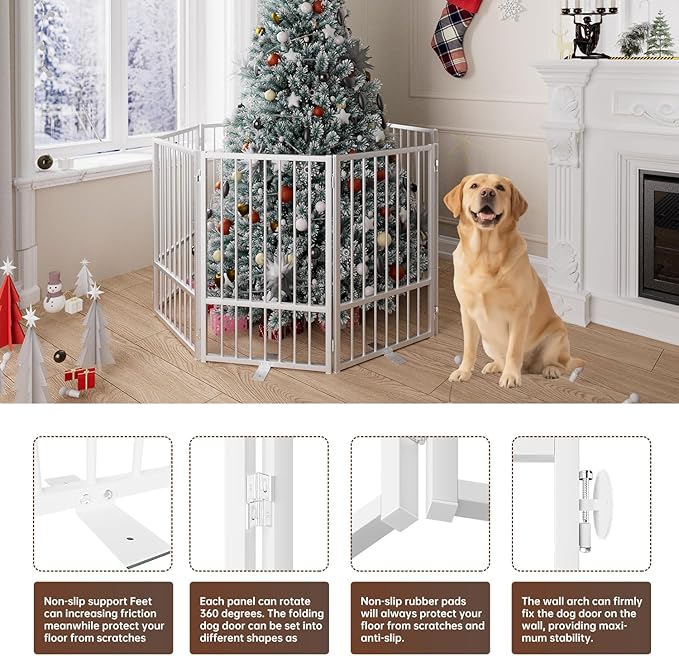 8 Panels Full Metal Freestanding Dog Gates with Door, 160” W x 32” H Folding Pet Gate Fence with Support Feet for Indoor,Stairs, Hallways and Doorways(White)