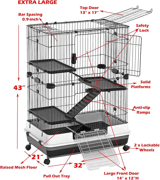 X-Large Multi Level Luxury in/Outdoor Guinea Pig Chinchilla Ferret Squirrel Cat Rabbit Bunny Hutch House Small Animal Habitat Easy Removable Washable Deep Tray Lockable Casters