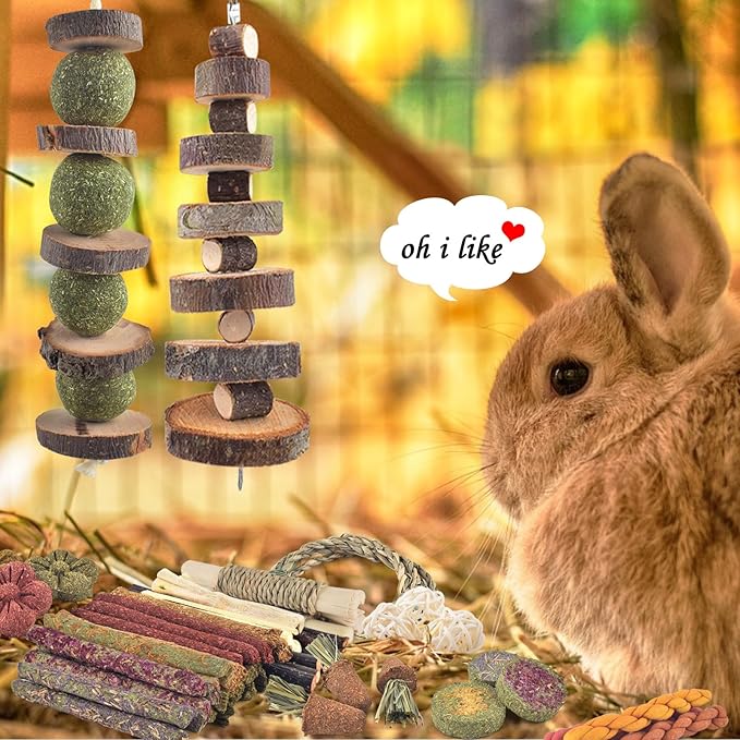 ERKOON Bunny Toys Boredom, 100 PCS Bunnies Timothy Hay Sticks Carrots Rose Grass Cake Dental Care, Molar, Chinchillas Toy Chew Toy, Guinea Pigs, Hamsters, Chinchilla, Rabbit Chew Toys for Teeth