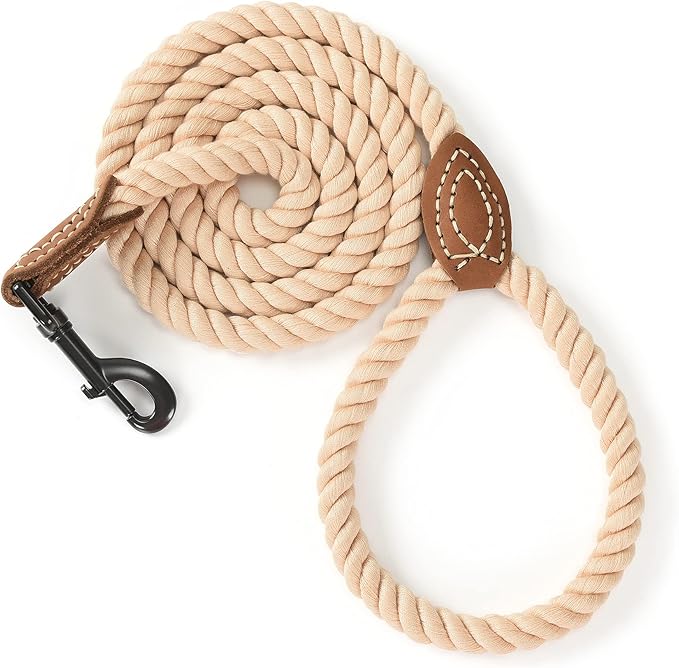 Mile High Life Dog Leash, Braided Cotton Rope Leashes with Leather Tip - Heavy Duty Metal Clasp, 6FT, 1/2" Thick - Wedding, Walking & Training Leash for Small Medium Large Dogs (Light Brown)