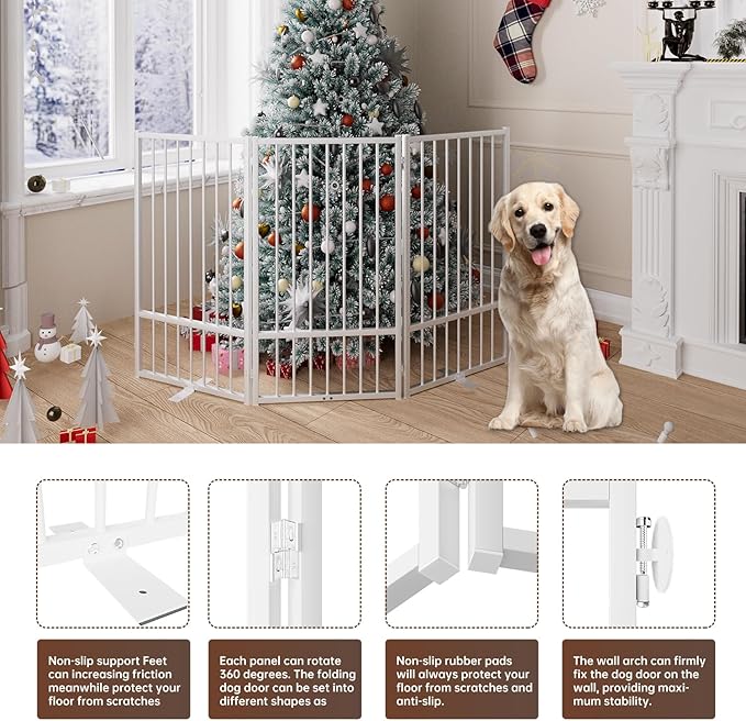 3 Panels Full Metal Freestanding Dog Gates, 60” W x 36” H Folding Pet Gate Fence with Support Feet for Indoor,Stairs, Hallways and Doorways(White)