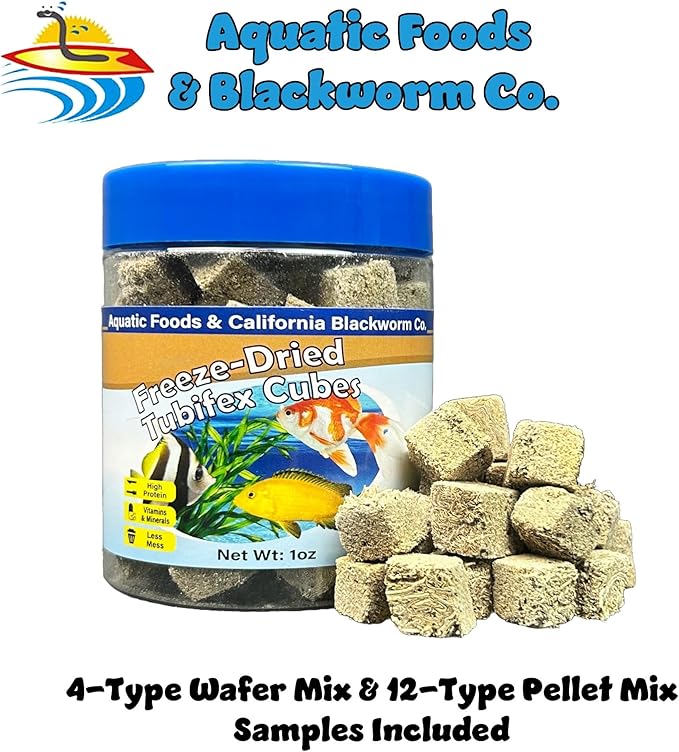 Aquatic Foods Inc. Tubifex Worms, Freeze Dried Tubifex Worm Cubes for Cichlids, Discus, Goldfish, Bettas, Marine Fish, All Tropical Fish, 12-Type Pellet Mix, 4-Type Wafer Mix Included...1oz Canister