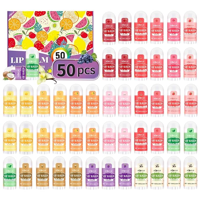 Mini Lip Balm 50 Pack, Natural Lip Balms with Vitamin E and Coconut Oil. Moisturizes for Dry Lips, Perfect for Christmas Gifts, Party Favors, Gift Bags and Small Gifts-13 Flavors