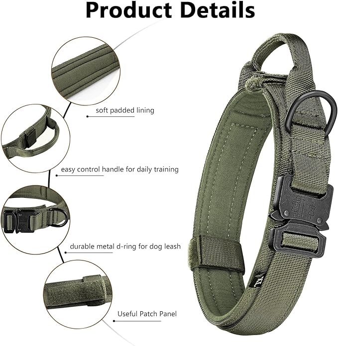 Tactical Dog Collar and Leash Set Heavy Duty Military Dog Collar with Handle and Metal Buckle for Medium and Large Dogs (Army Green, XL)