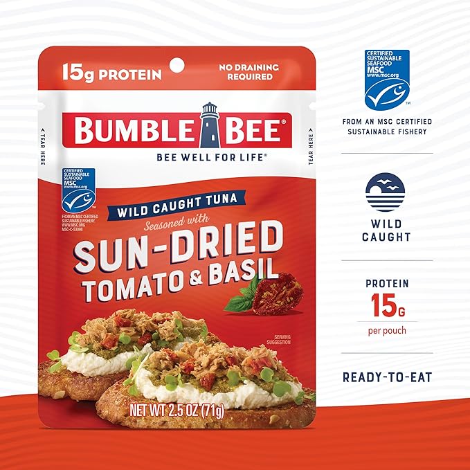 Bumble Bee Sun-Dried Tomato & Basil Seasoned Tuna, 2.5 oz Pouch - Ready to Eat - Wild Caught Tuna Packet - 15g Protein per Serving - Gluten Free
