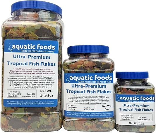 Aquatic Foods Inc. Ultra Premium Tropical Fish Flakes with Krill and Shrimp Meal, Spirulina for All Tropical Fish Also Pellet Mix, Wafer Mix Included…1-lb 2oz