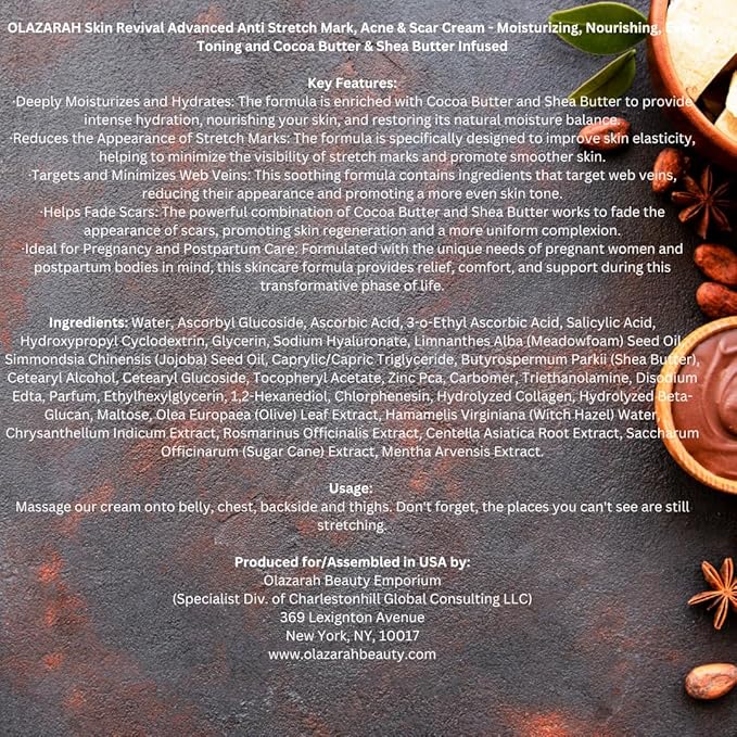 Skin Revival Advanced Anti Stretch Mark, Acne & Scar Cream - Moisturizing, Nourishing, Even Toning and Cocoa Butter & Shea Butter Infused, 4 oz.