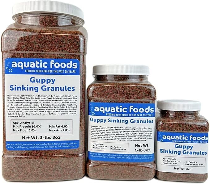 Aquatic Foods Inc. Guppy Micro Sinking Granules, Color Enhancing and Spirulina Mix for Guppies, Tetras, All Live Bearers, Baby Cichlids...WL 1-lb 8oz Med Jar