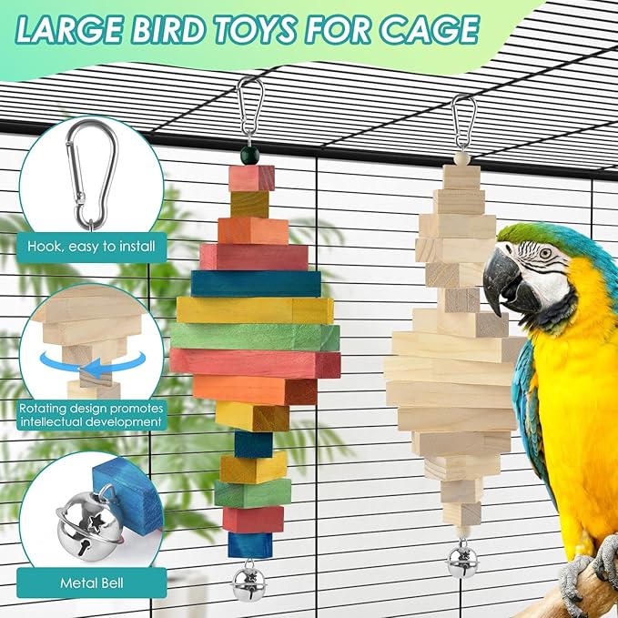 2 Pcs Large Bird Toys, Colorful Natural Wood Block Parrot Chew Sticks Toy with Bell for Amazon, African Greys, Eclectus Parrots, Macaws Chewing Tearing