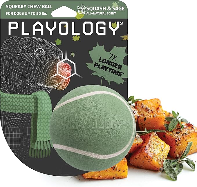 Playology Dog Toys | Squeaky Chew Ball - Bouncy Durable Floating Fetch Ball for Dogs | Medium Butternut Squash & Sage Limited Edition Fall Scented Toy - Easy to Clean and Made from Non Toxic Materials