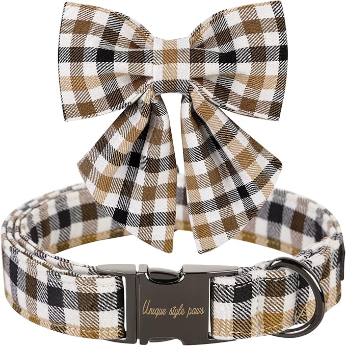 Unique style paws Christmas Dog Collar with Bow Tie Brown Plaid Puppy Collar for Small Medium Large Dogs as Autumn Winter Pet Gifts-XS