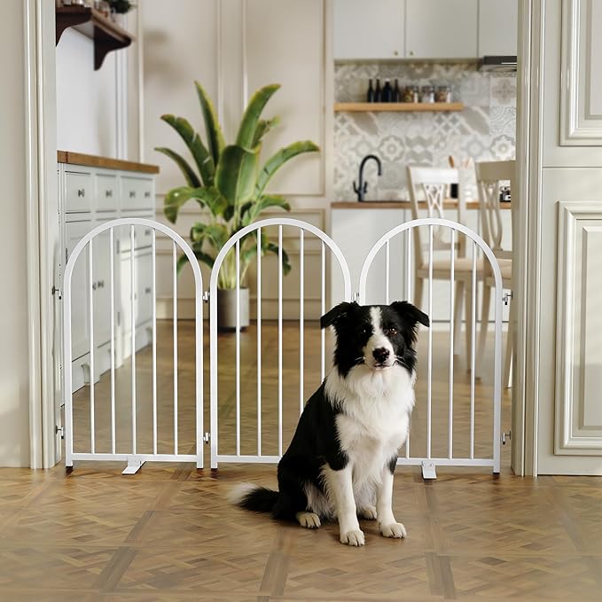 Full Metal Dog Gate for Indoor Outdoor, 32" Tall Free Standing Pet Dog Fence, 54" Wide Arched Pet Gates for Stairs, Hallways, Doorways, Kitchen, Decks, Yards (White, 3 Panels)