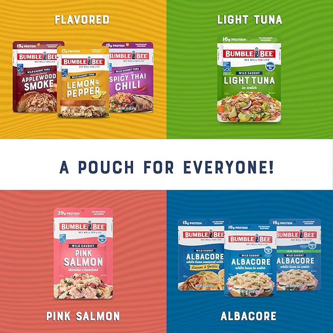 Bumble Bee Seasoned Tuna Pouch Favorite Flavors Bundle (4 Total Pouches) - Lemon & Pepper Tuna, Applewood Smoke Tuna, Spicy Thai Chili Tuna, and Jalapeno Tuna - Ready to Eat 2.5 oz Packets