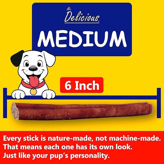 Mr. Delicious Bully Sticks for Dogs, 10 Count, 6 Inch Medium, Consistent Thickness, All Natural, Grass Fed, Rawhide-Free, Single Ingredient, Long Lasting Dog Chews