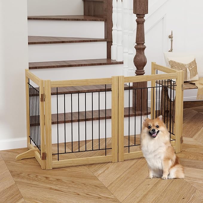 Wire Dog Gate Solid Wood Frame, Anti-Chewing, 4-Panel, 24" Height, 80" Width, Indoor Freestanding Pet Gate Foldable Wooden Dog Fences for Stairs, House, Doorway, Oak Color