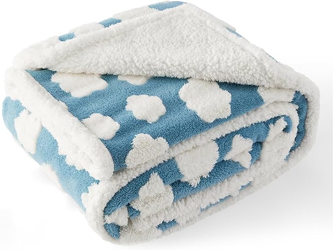 LE SURE Waterproof Dog Blanket for Large Dogs - Washable Double Sided Dog Blankets with Warm Jacquard Shag and Soft Sherpa Fleece, Pet Cat Blanket for Bed Protection, 3D Textured Cloud, Blue