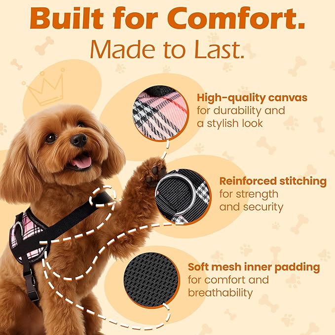 Bark Appeal Pink Plaid No-Pull Dog Harness for Extra Small Sized Pets – Adjustable, Reflective Vest with 3 Leash Clips for Added Control, Easy Walks & Training – XS