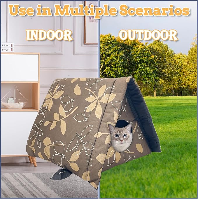 Fhiny Stray Cats Shelter, Waterproof Outdoor Cat House Foldable Warm Pet Cave for Winter Wild Animal Tent Bed Anti-Slip Kitten Cave for Feral Cat Dog Puppy Weatherproof (S, Brown)