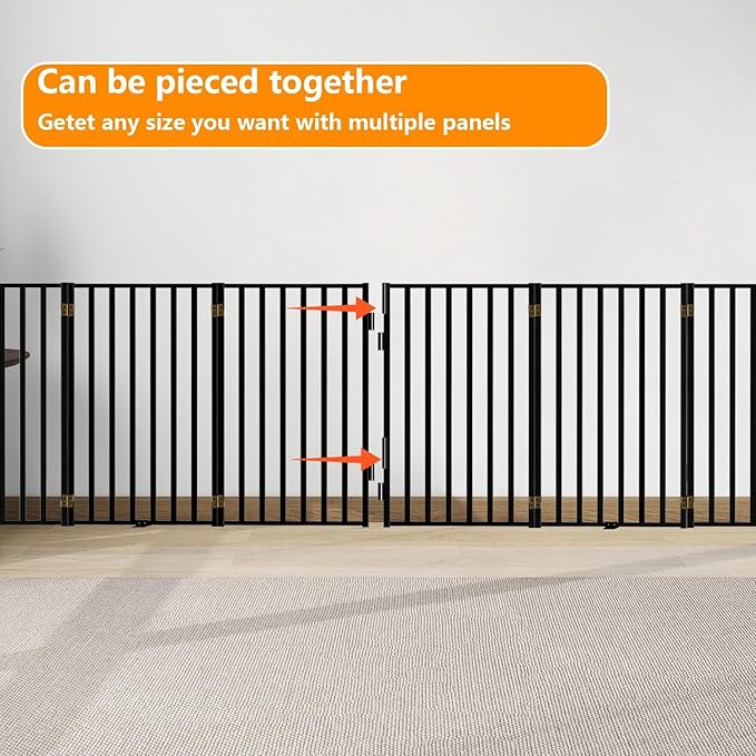 Free Standing Dog Gates with Door 36" Tall Use for Indoor Outdoor Stairs, Freestanding Dog Fence for Doorways Extra Wide, Metal Black 6 Panels