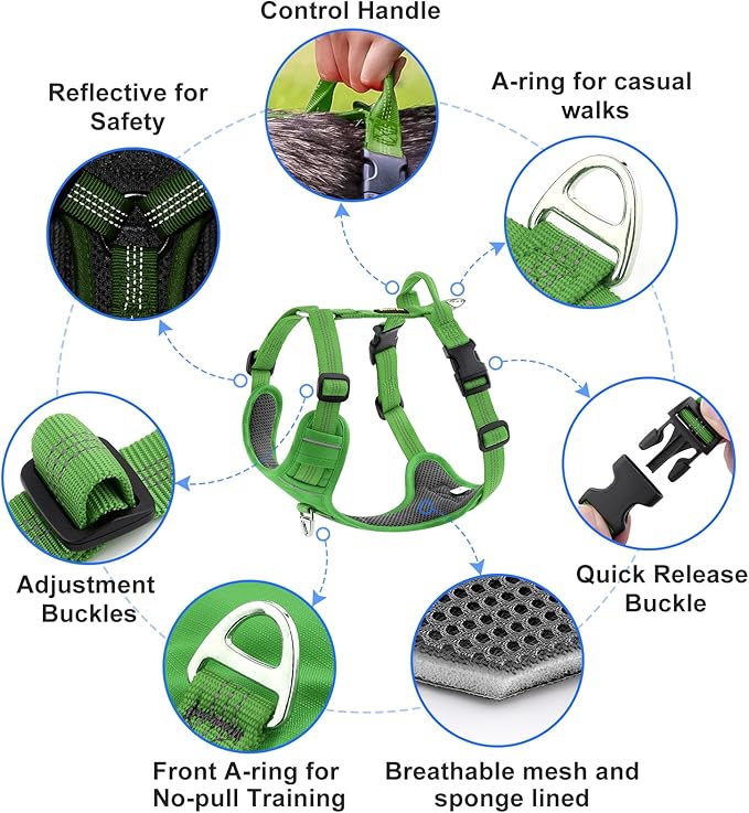 Plutus Pet No Pull Dog Harness, Reflective Adjustable Dog Vest Harness with Handle, Escape Proof, Soft Padded for Small Medium Large Dogs (Green, XS)
