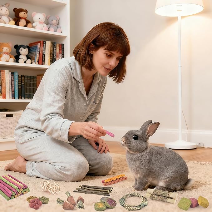 ERKOON Bunny Toys Boredom, 100 PCS Bunnies Timothy Hay Sticks Carrots Rose Grass Cake Dental Care, Molar, Chinchillas Toy Chew Toy, Guinea Pigs, Hamsters, Chinchilla, Rabbit Chew Toys for Teeth