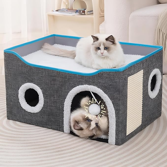 Foldable cat Bed, Cat Beds for Indoor Cats, Large Cat Cave for Pet Cat House with Fluffy Ball Hanging and Scratch Pad, Providing Entertainment for Cats (Grey, Double)