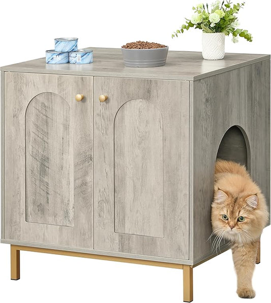 Cat Litter Box Enclosure, Hidden Litter Box Furniture Cabinet, Wooden Indoor Cat House, Side End Table, Living Room, Bedroom, Greige and Gold CB81205G