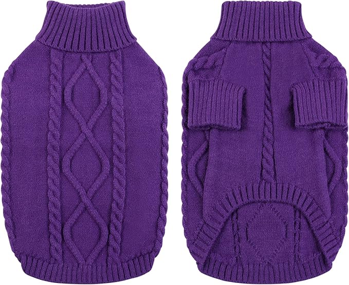 Queenmore Small Dog Pullover Sweater, Cold Weather Cable Knitwear, Classic Turtleneck Thick Warm Clothes for Chihuahua, Bulldog, Dachshund, Pug (Purple, Small)